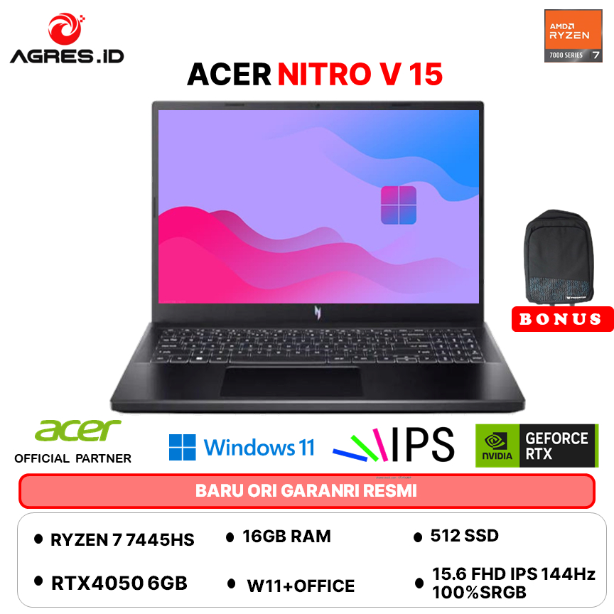 ACER NITRO V 15 RYZEN 7 7445HS RTX4050 6GB - RAM16GB 512GB W11+OHS 15.6FHD 180HZ 100SRGB -42.R60U