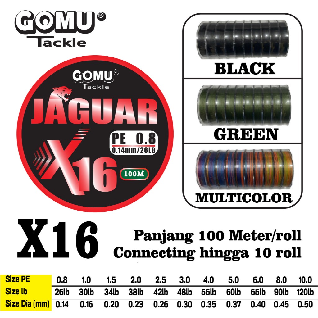Senar Pancing Pe Gomu Jaguar X16 Connecting 100M Warna Black / Green / Multi Color Ikan
