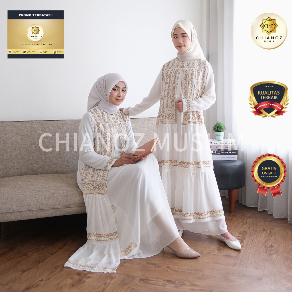 CHIANOZ Gamis Putih Couple Ibu & Anak Najwa Dress Renda Bunga Baju Lebaran Umroh Haji Manasik Pesta 