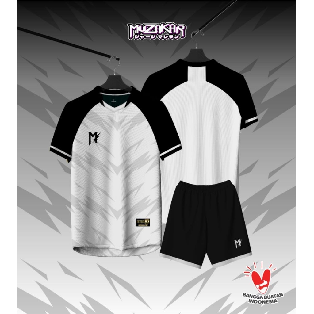 Baju Futsal Setelan Stelan Jersey Bola Muzakar Putih Hitam, Bisa Sablon