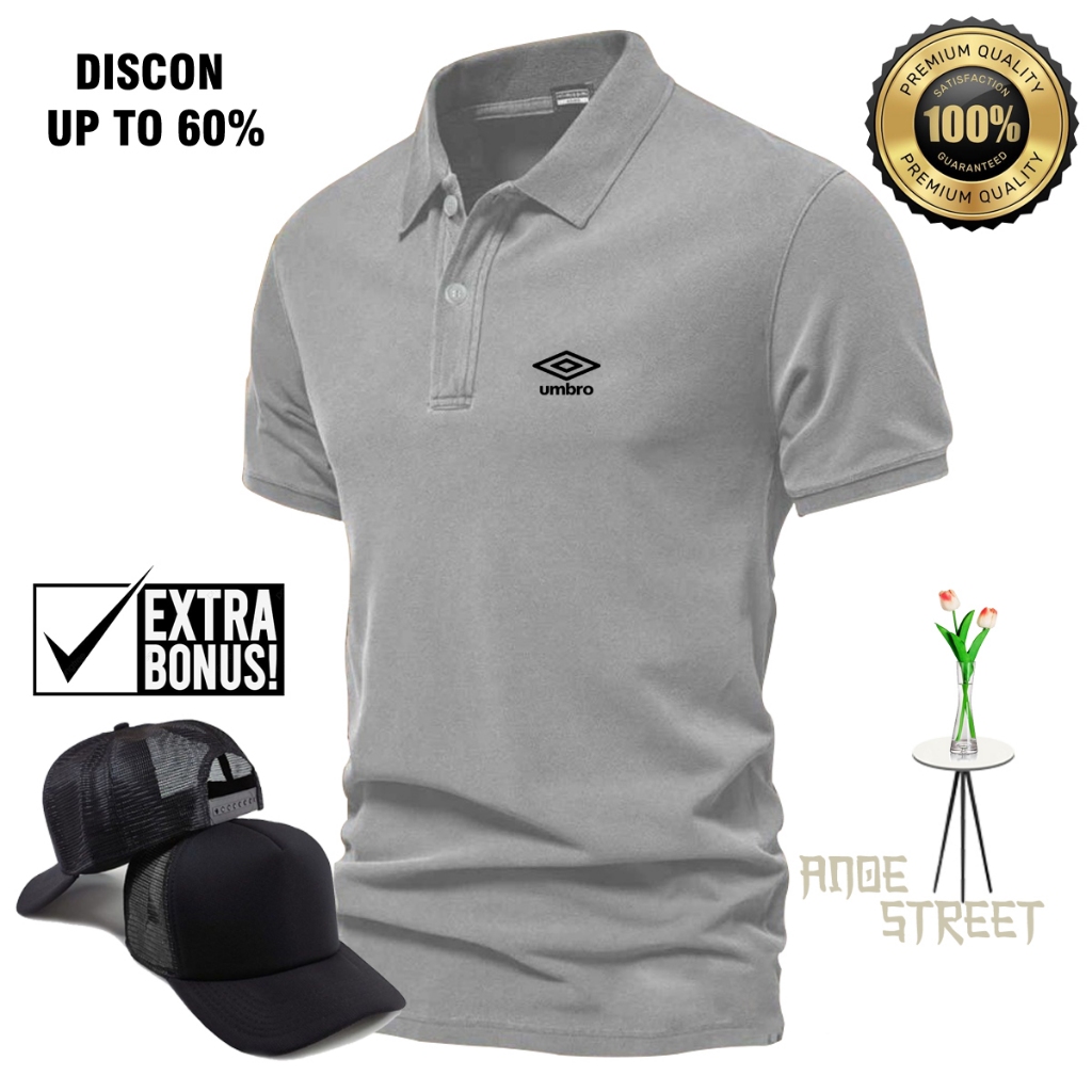 Bonus Topi - Kaos Polos Distro Lengan Pendek Polo Umbro Hitam Tshirt Polo Unisex Pria&Wanita Bisa CO