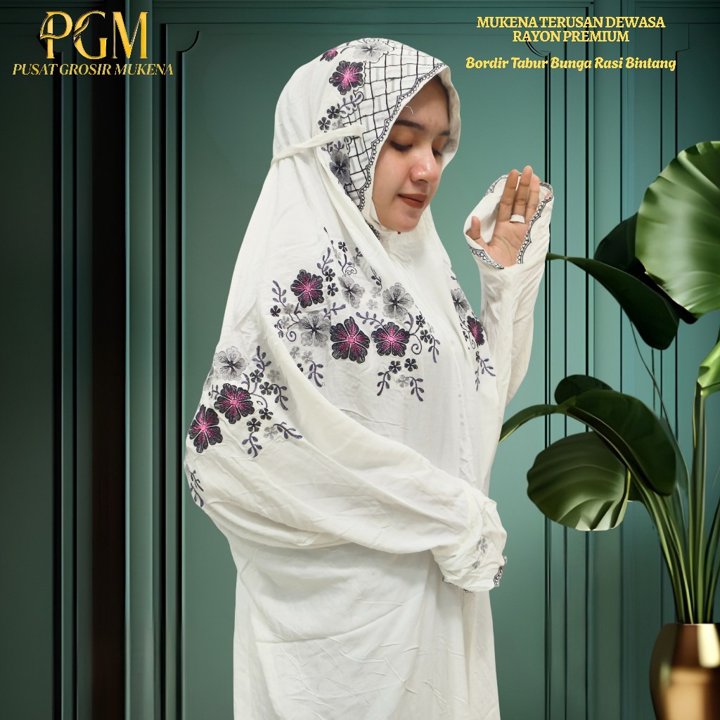 Mukena Bahan Rayon Kain Dasar Warna Putih BW Dewasa Terusan/Lajuran Motif Bordir Bunga Rasi Bintang 