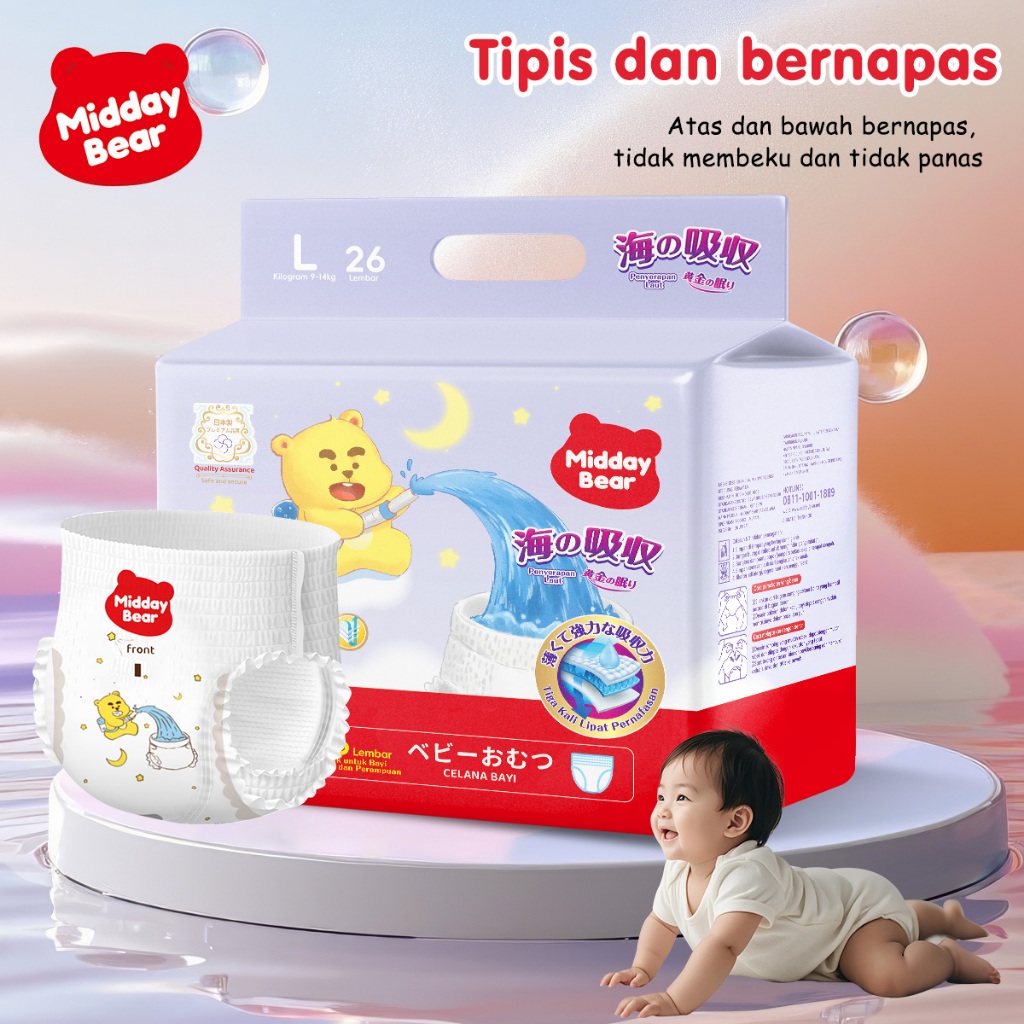 Midday Bear Sea Popok Perekat & Popok Celana Bayi Pull-Up Pants Sekali Pakai Daya Serap Extra Night 