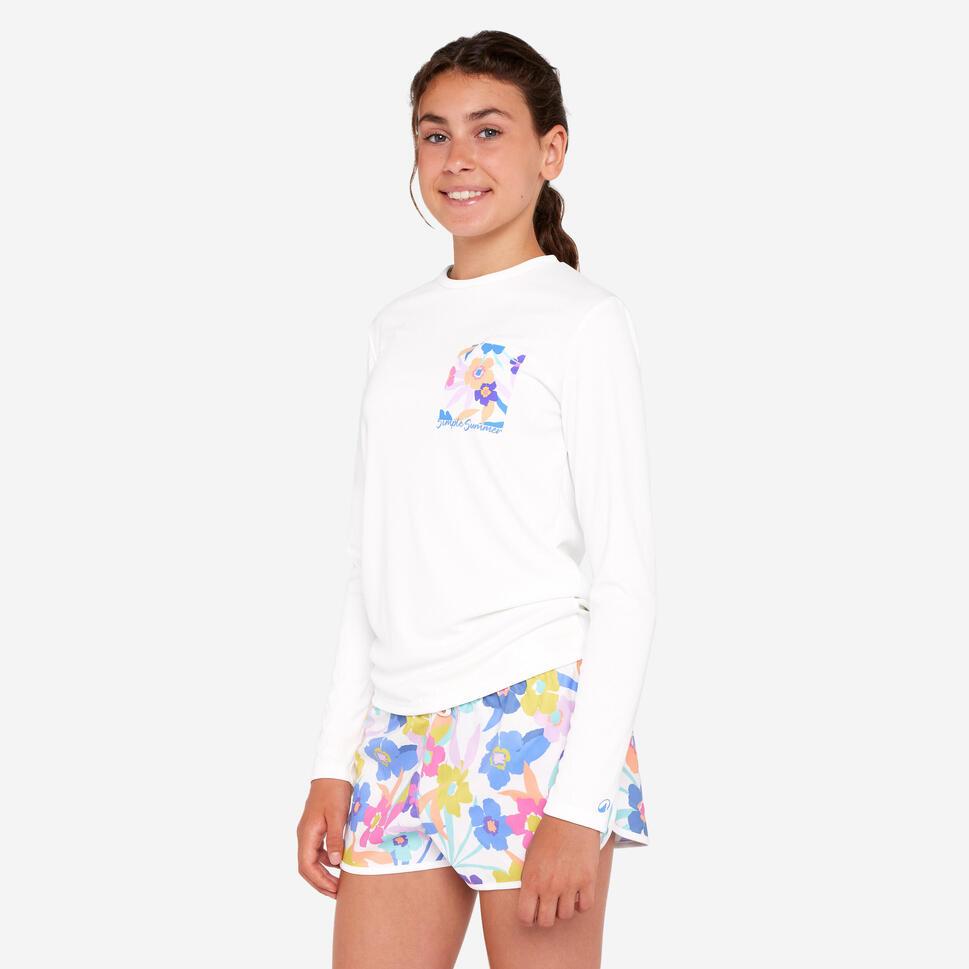 Decathlon OLAIAN Kaos Lengan Panjang Anti UV Selancar Anak Perempuan 100 Putih - 8916348