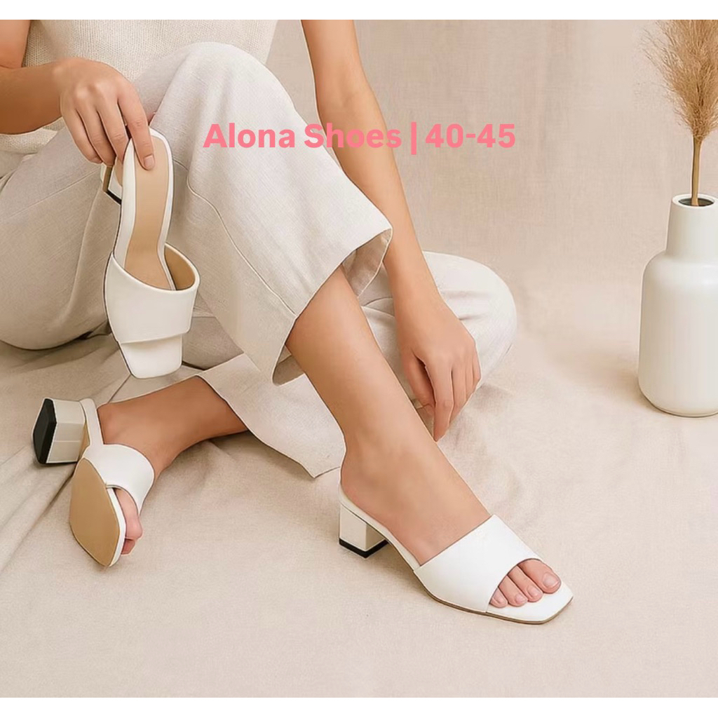 AS-202White Sendal Slop Higheels Wanita Warna Putih Size Jumbo Besar 40.45 Heels Oversize Cantik Sen