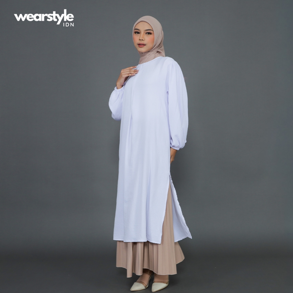 Tunik Panjang Putih Cey Airflow Polos One Size - Busui Friendly, Sleting depan, Lengan Karet