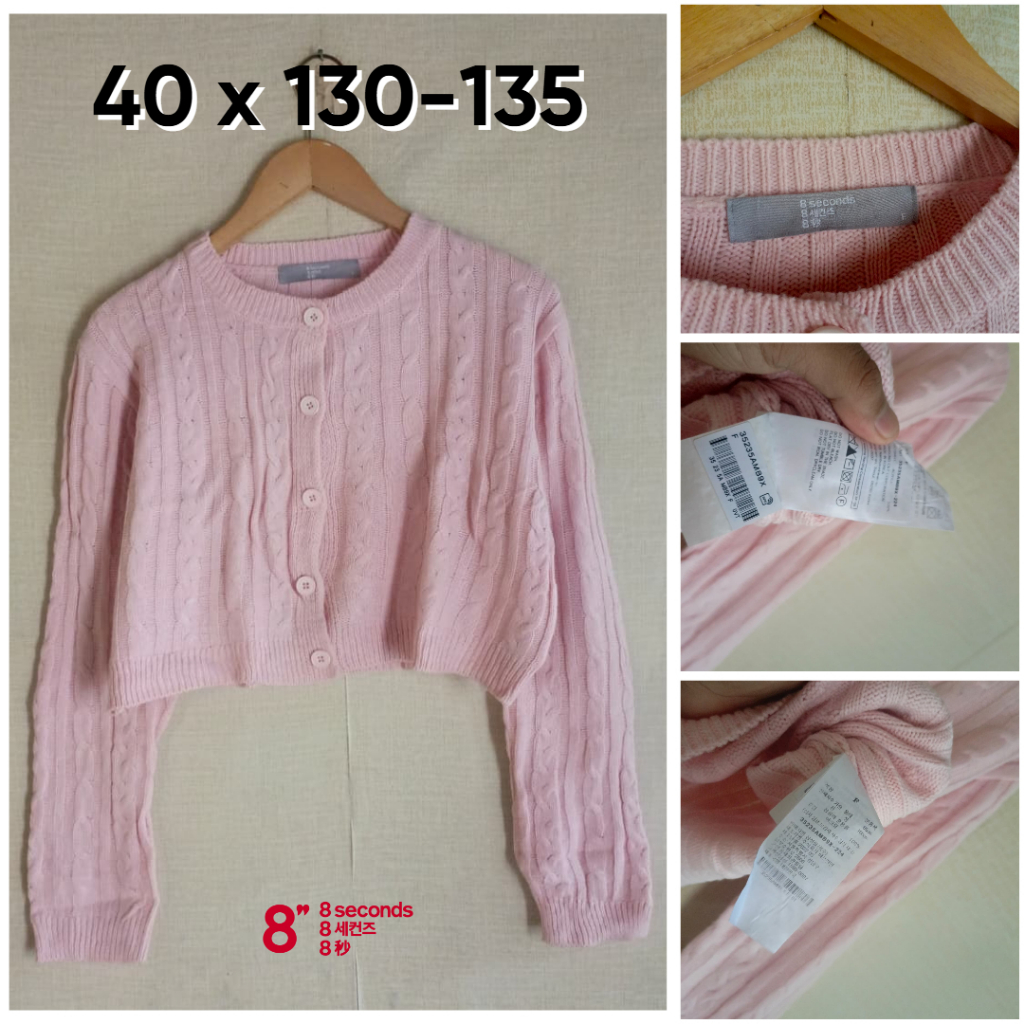 Cardigan Crop 8 Seconds Pink Kepang O Neck Size L Wanita Knit Cable OB373