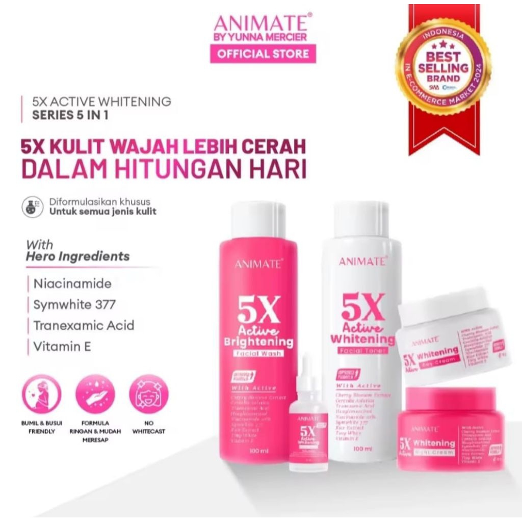 [ORI] ANIMATE Skincare Paket 5x Active Whitening Series 5in1 Cream Pencerah Wajah