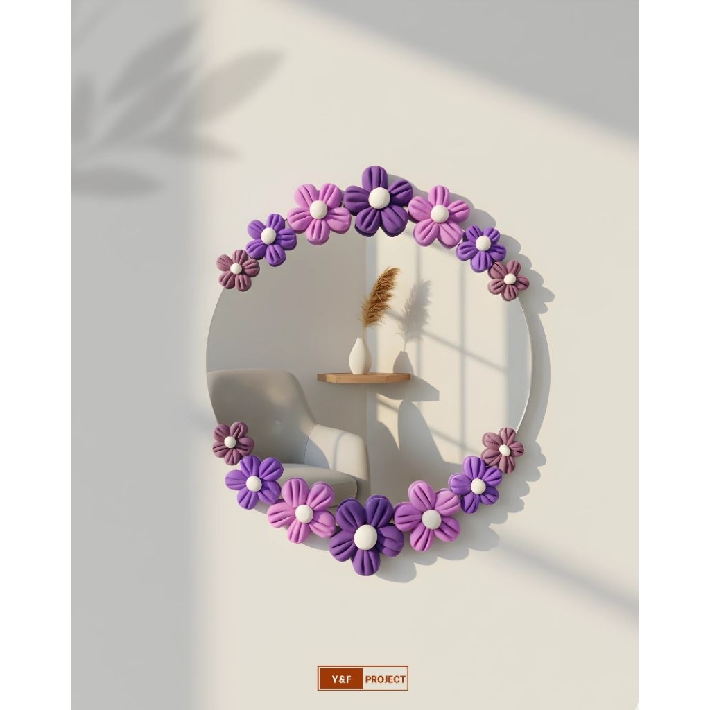 Cermin Hias Clay Bunga Ungu Handmade - Cermin Aesthetic Meja Rias Dekorasi Kamar Cewek