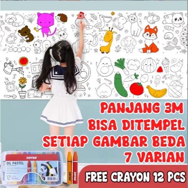 

DRAWING ROLL 3 METER FREE CRAYON JOYKO / KERTAS GAMBAR 3 METER GRATIS CRAYON JOYKO 12PCS
