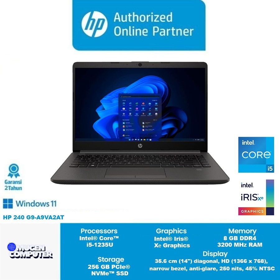 HP Laptop 240 G9-A9VA2AT intel Core i5 1235U ram 8GB ssd 256GB 14" HD Windows 11 Home
