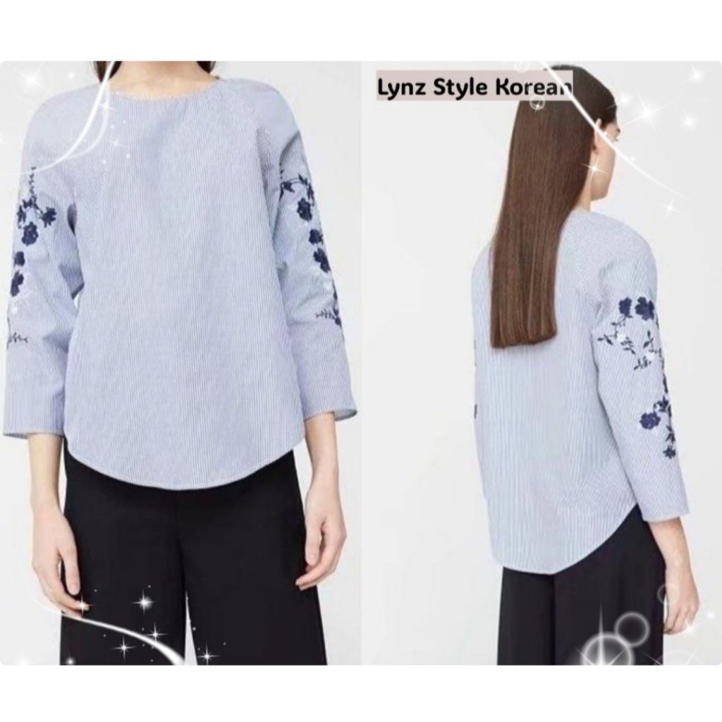 Blouse Atasan Baju Bordir Lengan Biru Tunik Korea Import