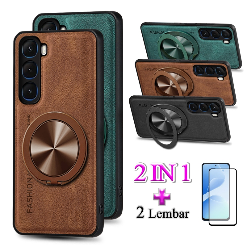 Casing For Infinix Hot 60i Hot 60 Case Stand Holder Kulit Mewah Dengan Pelindung Layar Keramik Film 