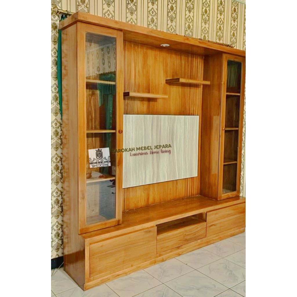 backdrop tv jati minimalis terbaru , partisi jati minimalis , partisi kaninet ruangan jati minimalis