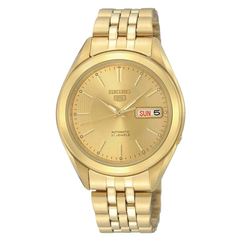 Jam Tangan Pria Seiko 5 Sports SNKL28K1 Automatic Gold Dial Gold Stainless Steel Strap