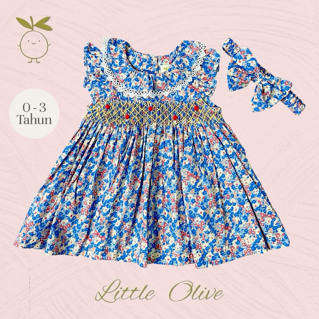Little Olive- Sydney Dress | 0-3 Tahun | Dress Anak Newborn | Baju Bayi | Motif Bunga Smocked Dress