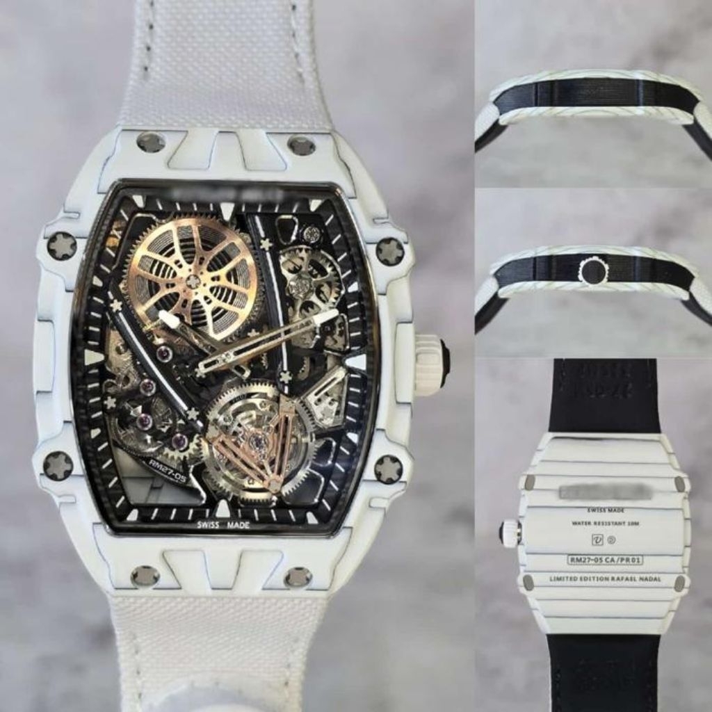 JAM TANGAN RM27-05 WHITE CARBON 37MM THIN WHITE NYLON LEATHER STRAP FULL WHITE