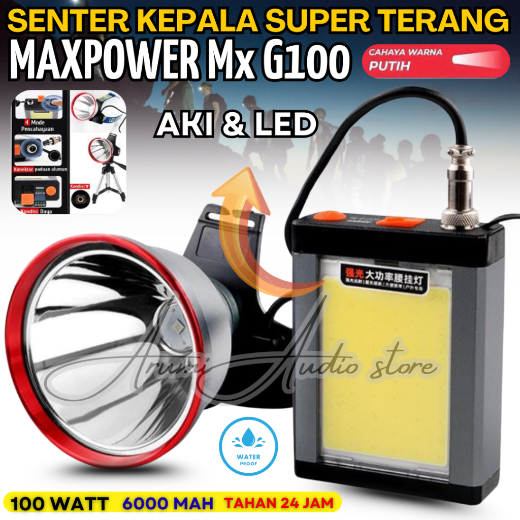 Senter Kepala Led Charger Super Terang Maxpower Mx-G100 100 Watt ( Bonus Aki ) / Senter Kepala Free 