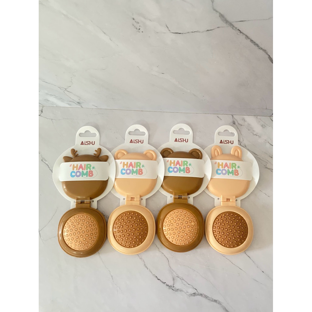 kaca sisir lipat bulat kecil karakter beruang coklat lucu