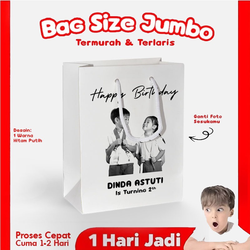 (CETAK BEBAS) Tas Ulang Tahun Anak Jumbo 29x9x20cm / Paper Bag Kado Ultah Souvenir Wedding Pernikaha