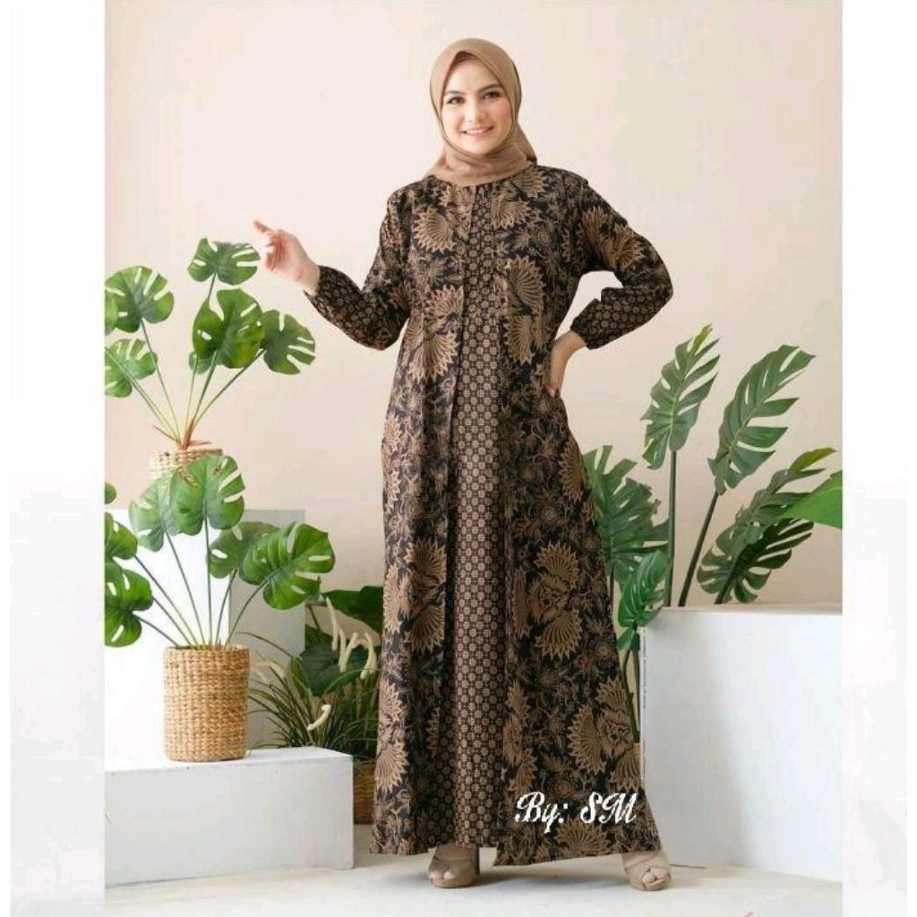Baju Gamis Batik Modern New Motif Motif / Busana Muslim Wanita Dress Batik Lawasan Coklatan