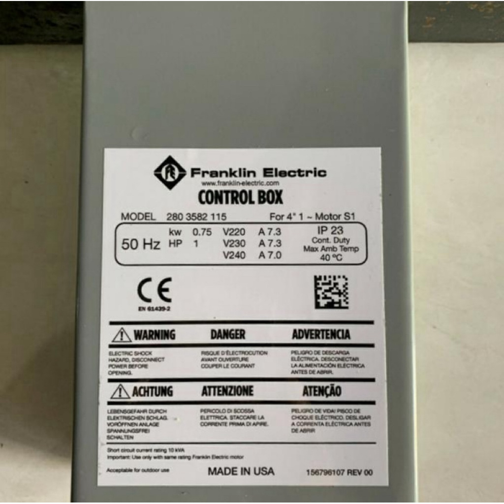 Control Box Franklin 1HP (0.75 KW) 220V Panel Box Submersible