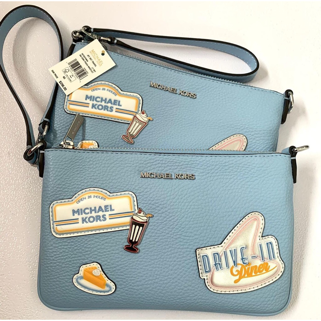 Tas Branded Michael Kors Jet Set Travel Small Convertible Pouch Wristlet Sky Blue Leather