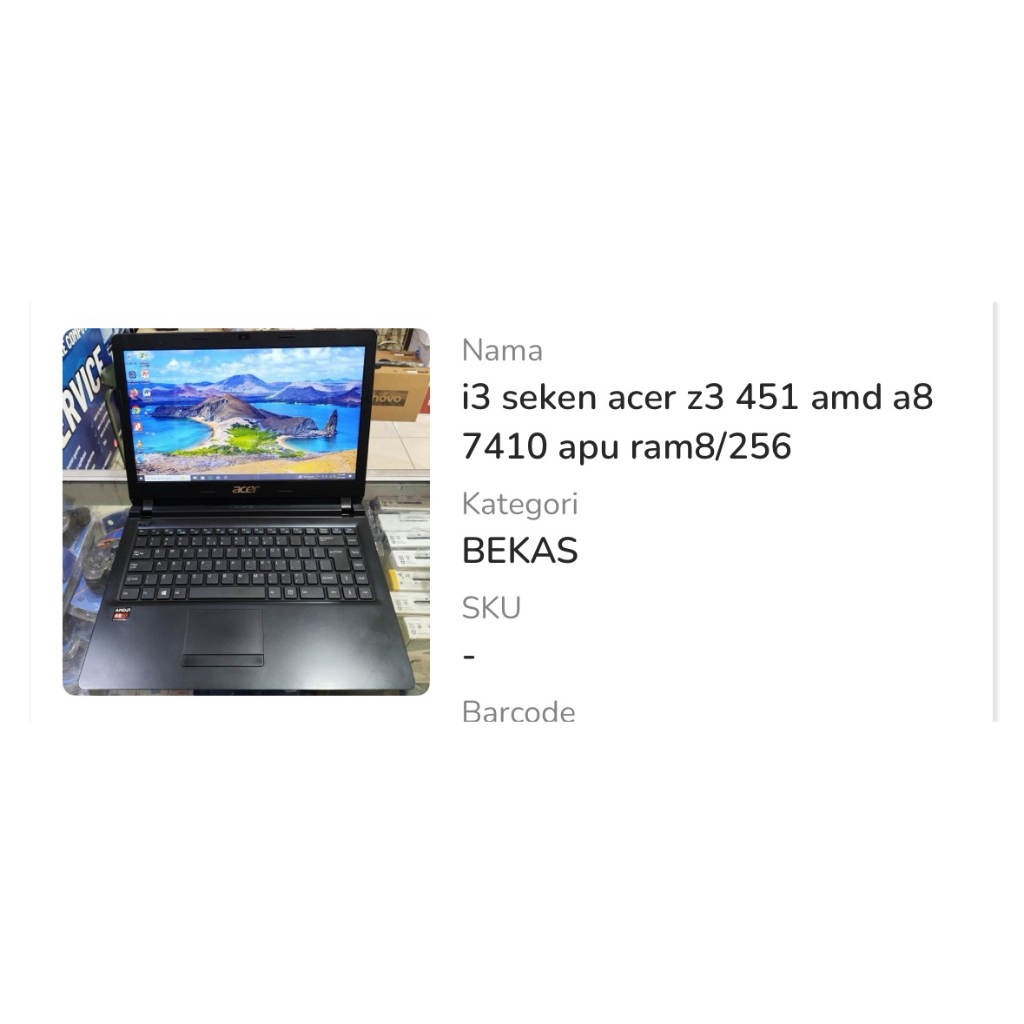 i3 seken acer z3 451 amd a8 7410 apu ram8/256