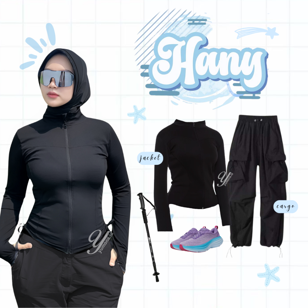 Hany 1 Set Baju Olahraga (Jaket Anti UV Celana Rok) Outfit Olahraga Wanita Tennis Naik Gunung - Z91