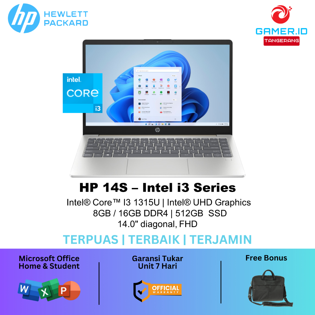 Laptop HP 14s - Intel Core i3 Gen 13 8GB 512GB SSD 14.0 Inch Full HD Windows 11 Home + OHS - RESMI