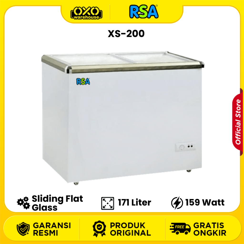 RSA Sliding Flat Glass Freezer XS 200 171 Liter Low Watt Garansi Resmi