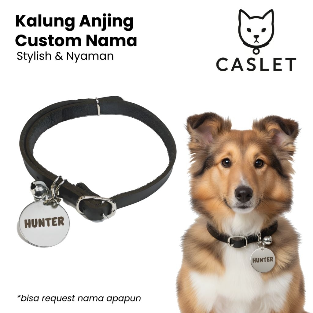 Kalung Anjing  Custom Nama Liontin Metal Kulit Premium