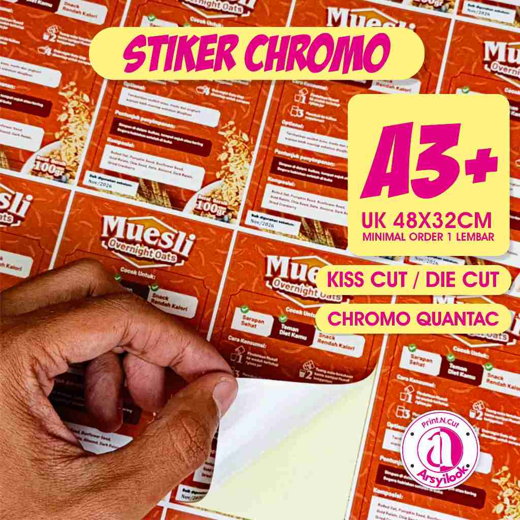 Print & cut sticker chromo A3+/cetak sticker label kiss cut/ die cut,