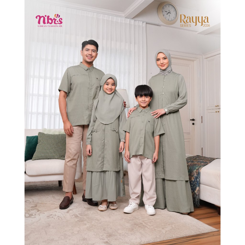 SARIMBIT NIBRAS 2026 ELDIA LIGHT OLIVE SET PAKAIAN KELUARGA WARNA HIJAU POLOS BAJU BUSANA MUSLIM WAN