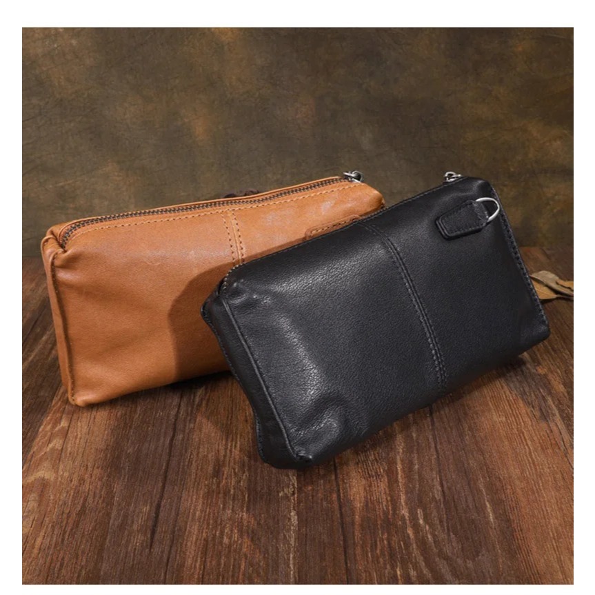 Tas Genggam Vintage Pria Kulit Asli Tas Genggam Dompet Kasual Dompet Panjang Kapasitas Besar Perjala