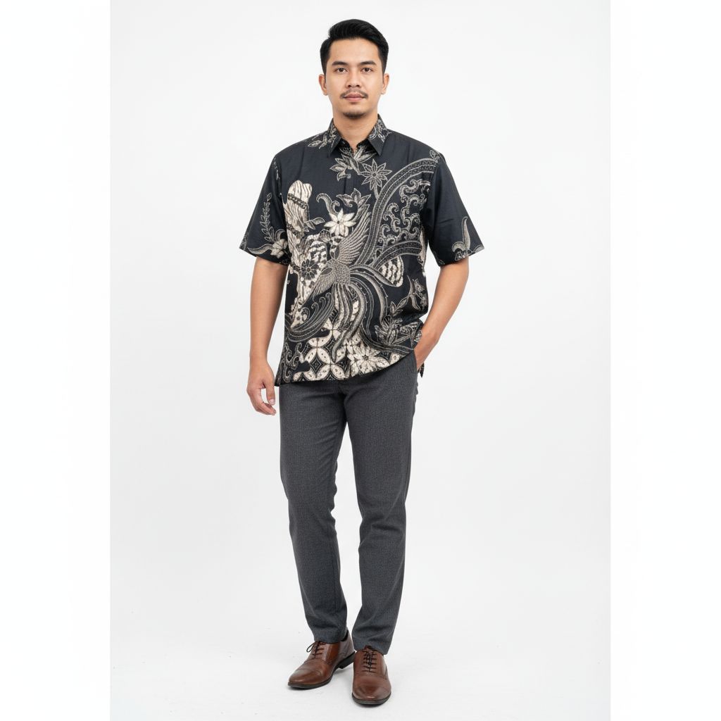 Batik Pria Lengan Pendek Hitam Krem - Baju Seragam Cowok Moderen Kantor Dan Pesta Pernikahan