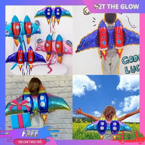 Balon Foil Jumbo Roket Sayap Foil Balon Tema Luar Angkasa/Pesawat Roket Merah rainbow Terbang/ Untuk