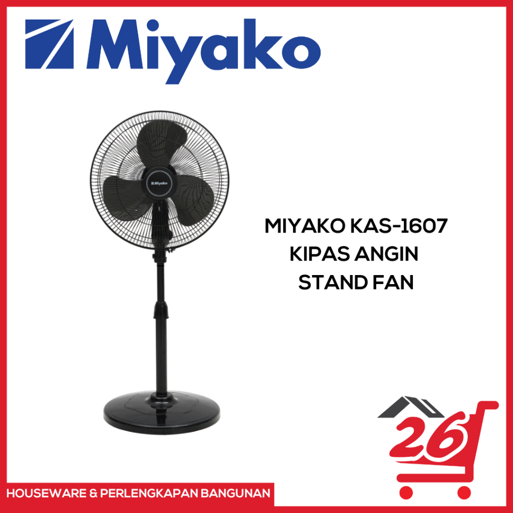 Miyako KAS-1607 Kipas Angin Berdiri 16 Inch Stand Fan Motor Tembaga 3 Speed Extra Kencang Hemat List