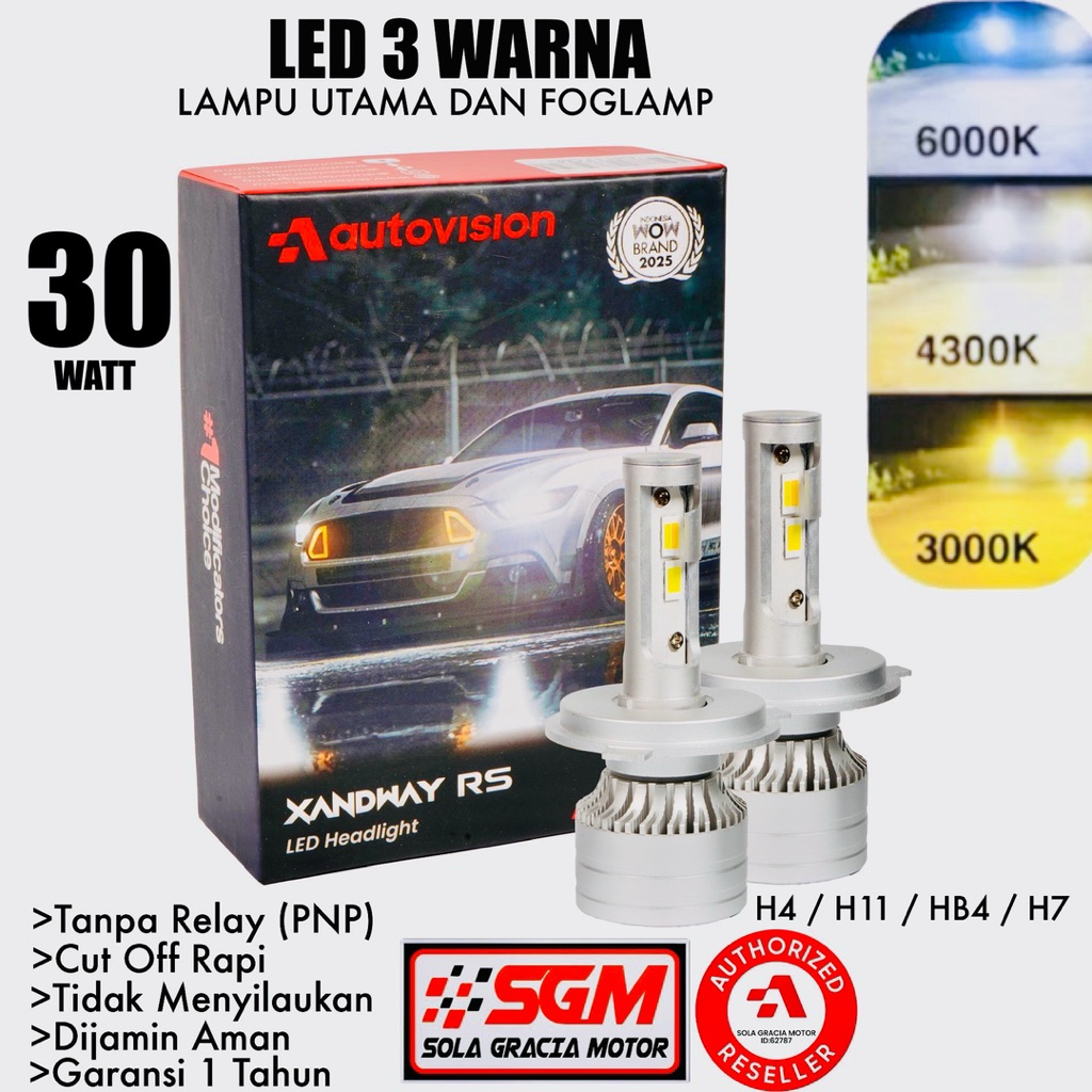 LED 3 WARNA XANDWAY RS 30 WATT (H4 / H11 / H7 / HB4).