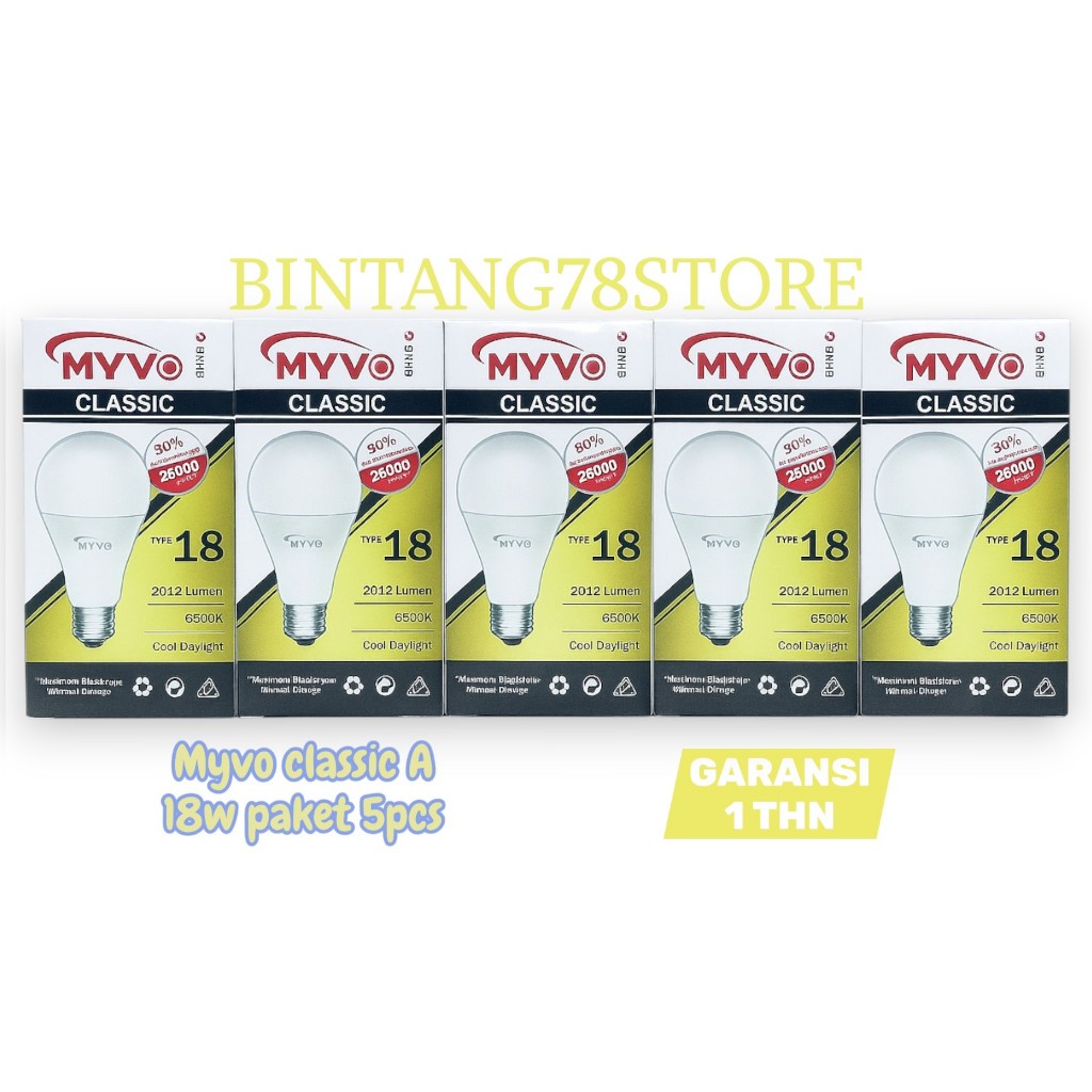 MYVO CLASSIC 18W PAKET 5 PCS LAMPU GARANSI - BOHLAM LED MYVO CLASSIC 18 WATT