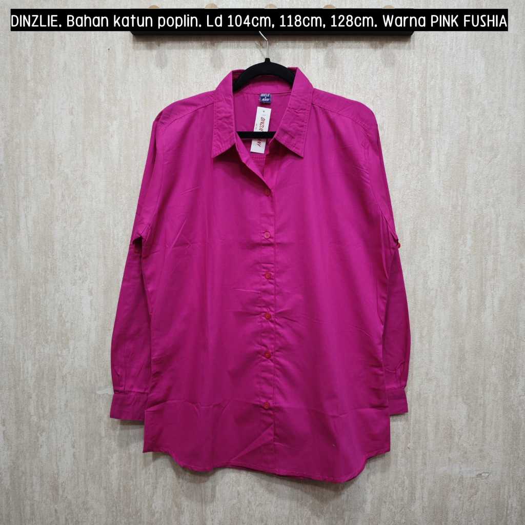 Dinzlie Kemeja Atasan Polos Wanita Bahan Poplin Premium Tebal Warna Pink Fushia