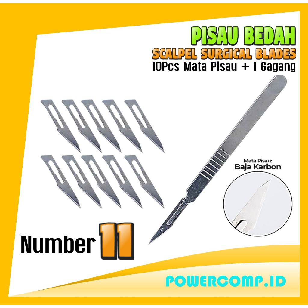 Pisau Bedah Nomor 11 Scalpel Surgical Blade Set 10 Mata Pisau + 1 Gagang Baja Karbon Tajam Alat Serb
