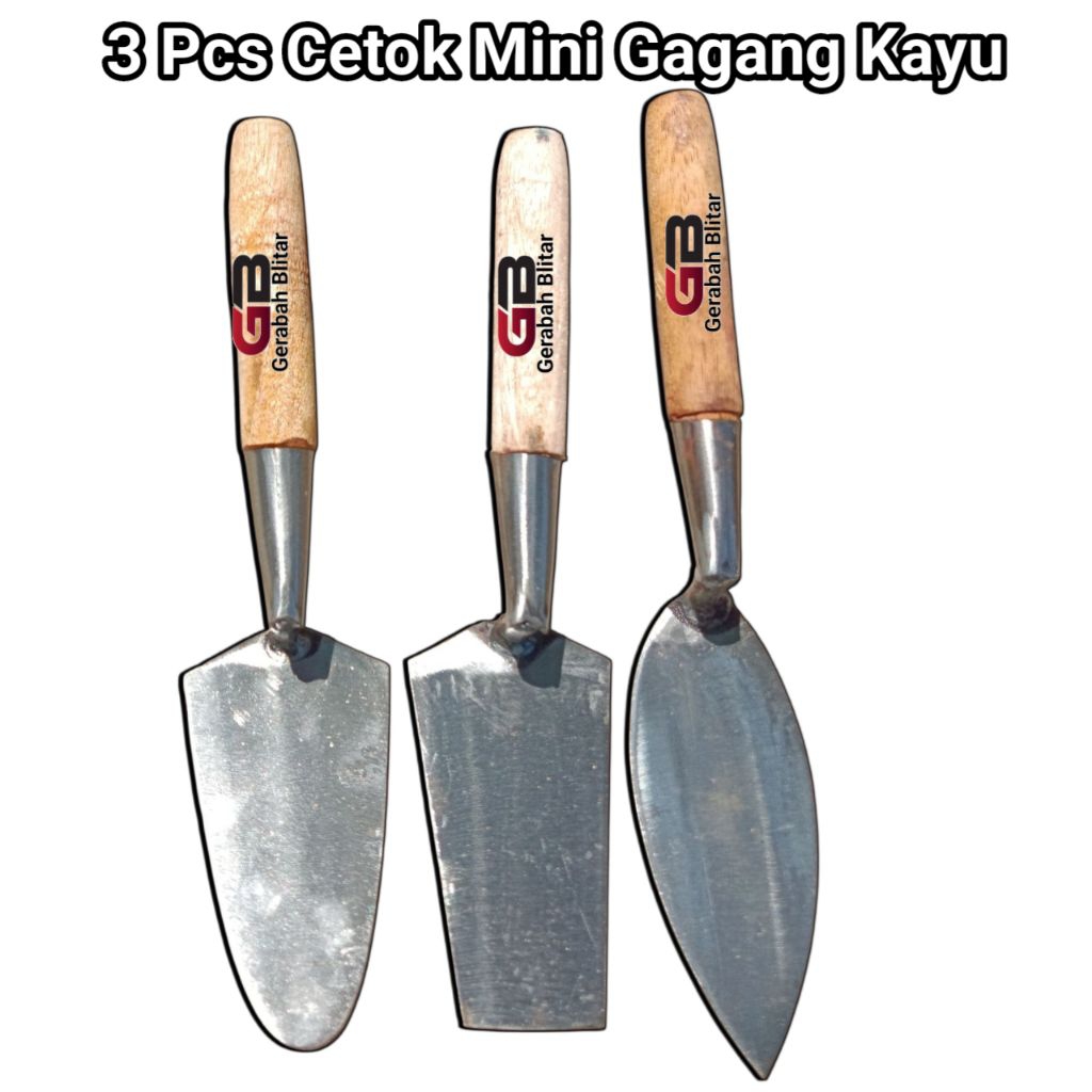 Sendok/Cetok Semen Mini Gagang Kayu Set 3 Pcs / Sendok Semen / Cetok Strik Untuk Kebun