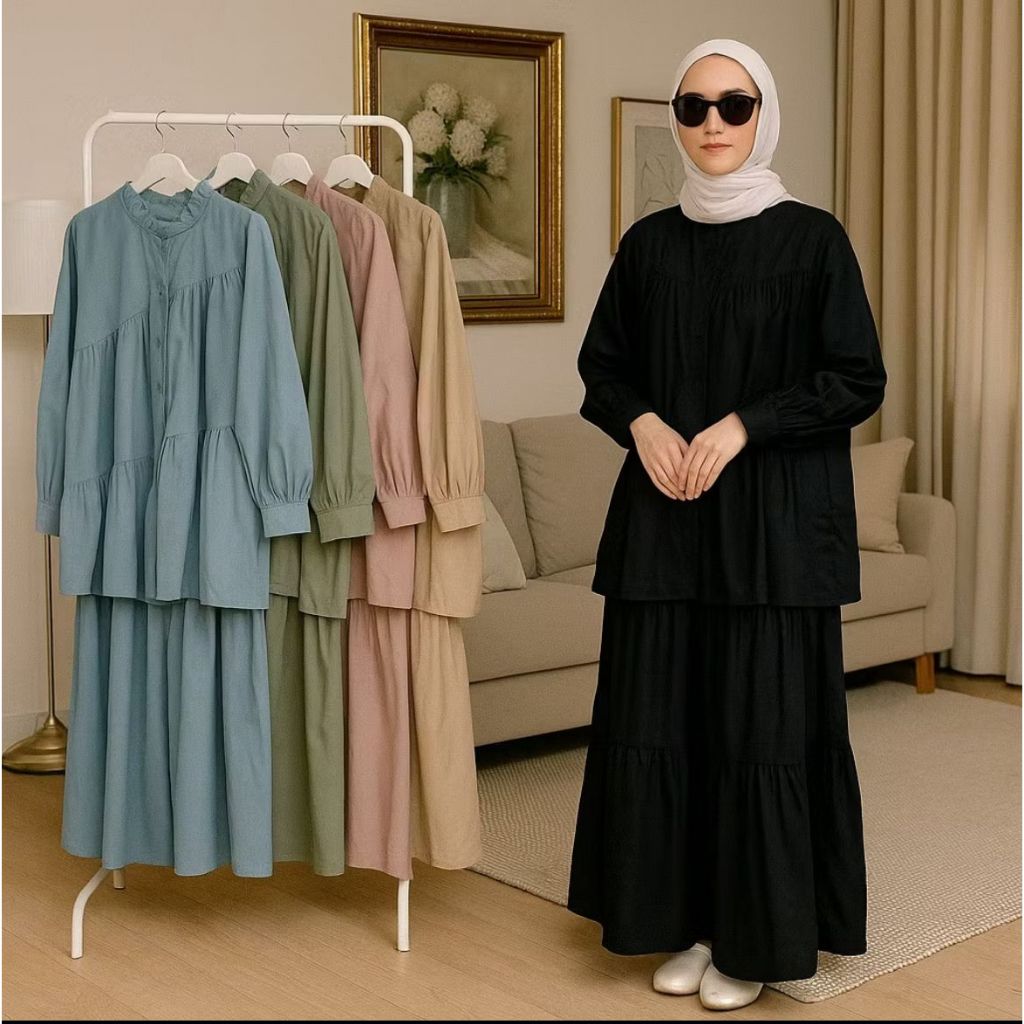 sultan style Caterine Set 2in1 Setelan Rok Wanita Muslim Remaja Linen Rami Premium Kekinian Terbaru