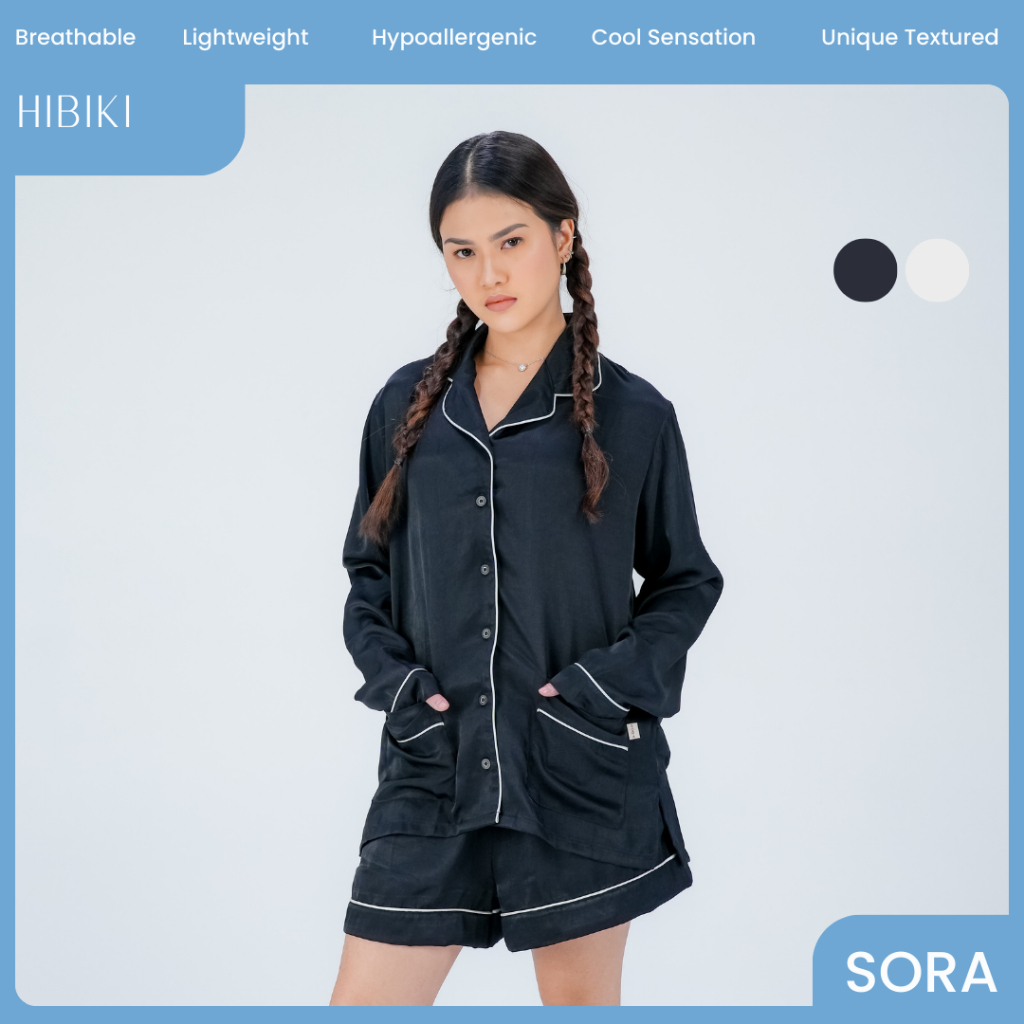 SORA Hibiki Piyama Wanita – Set Lengan Panjang Celana Pendek Hitam - Putih | Bamboo Viscose
