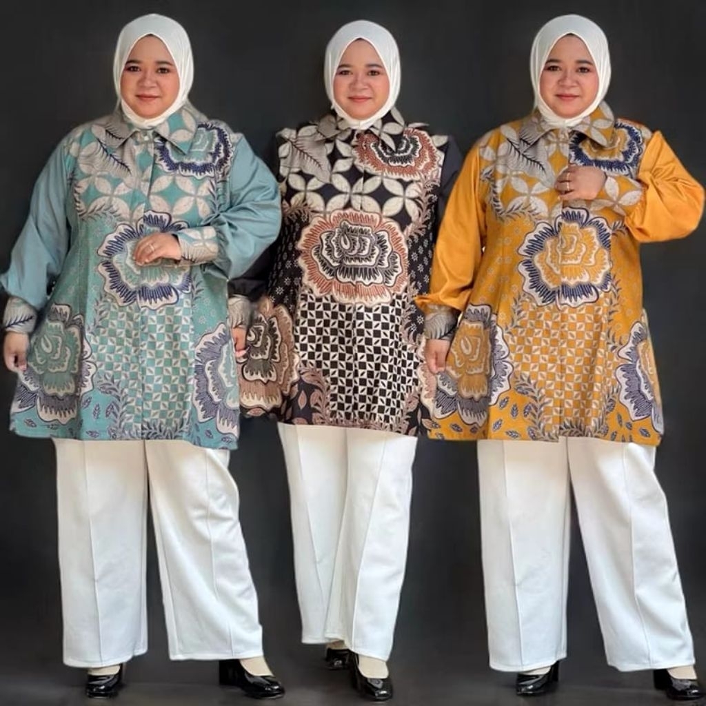 ATASAN TUNIK BATIK WANITA JUMBO BIG SIZE LD 120 130 140 150 CM BERKERAH FULL KANCING DEPAN