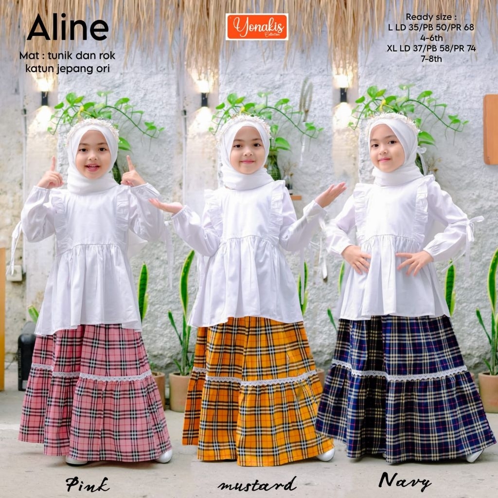SISOL - ALINE SETELAN ANAK TUNIK Polos +ROK Motif Kotak (TANPA Jilbab) Yonakis - Baju Kids Bahan Kat