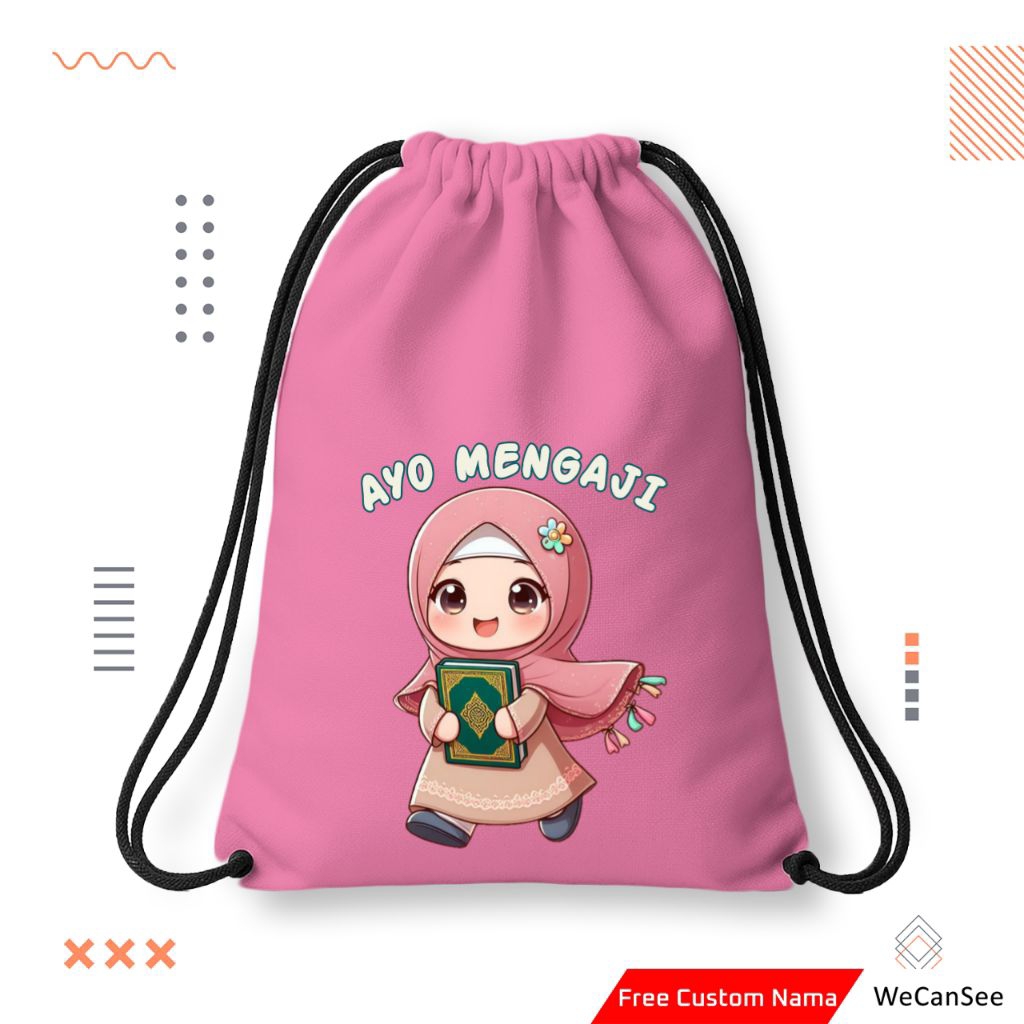 Tas Serut | Tas Serut Anak | Tas Serut Anak Ayo Mengaji Custom Nama | Stringbag | Tas Serut Custom N