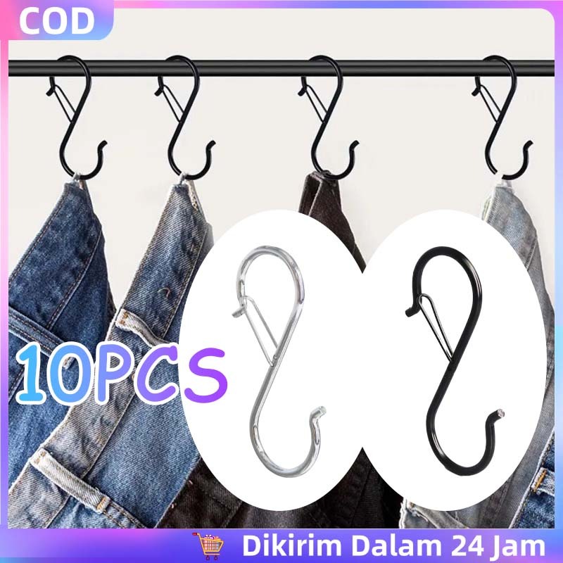 10pcs S Shape Carabiner Tahan Angin Hook Anti Slip Safety Lock Keychain Bag Tws Holder Gantungan Tas