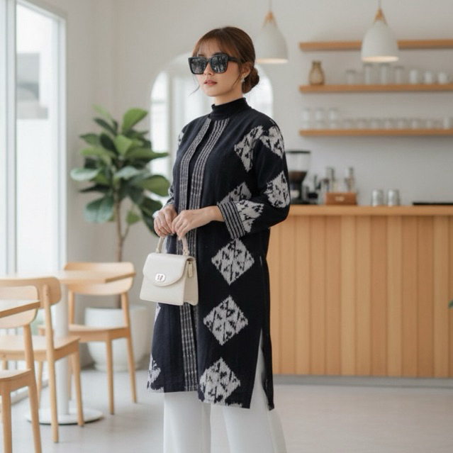 Shanaya Baju Batik Wanita Outer Tenun Hitam Batik Kerja Cantik Elegan
